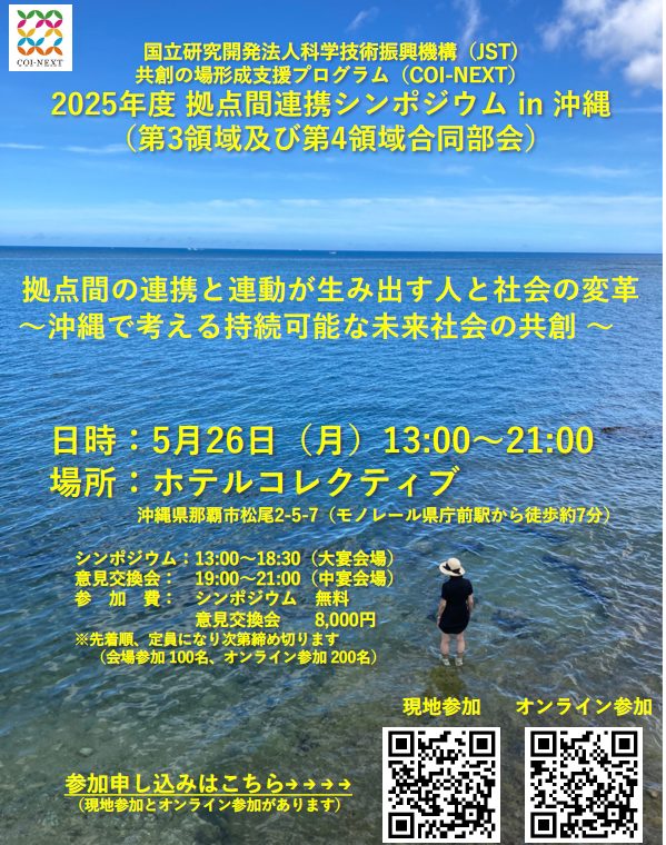 2025年度 拠点間連携シンポジウム in 沖縄 （第3領域及び第4領域合同部会） 拠点間の連携と連動が生み出す人と社会の変革 〜沖縄で考える持続可能な未来社会の共創 〜　